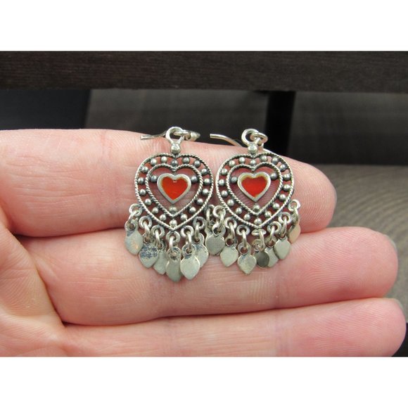 Jewelry - Sterling Silver Small Red Inlay Heart Fancy Rustic Earrings Vintage Wedding
